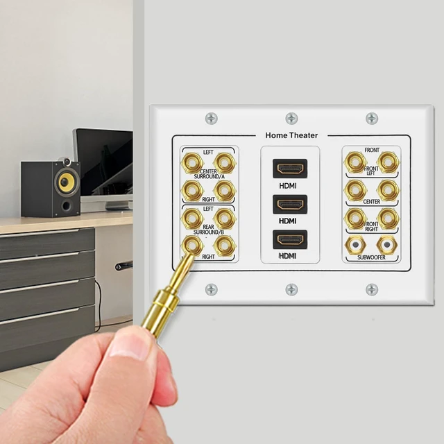 Alt view image 6 of 7 - 3 Gang 7.2 Surround Sound Distribution Home Theater Wall Plate Copper Banana Binding Post Coupler Type, For 7 Speakers, 2 RCA Jacks for Subwoofers, 3 HDMI Ports