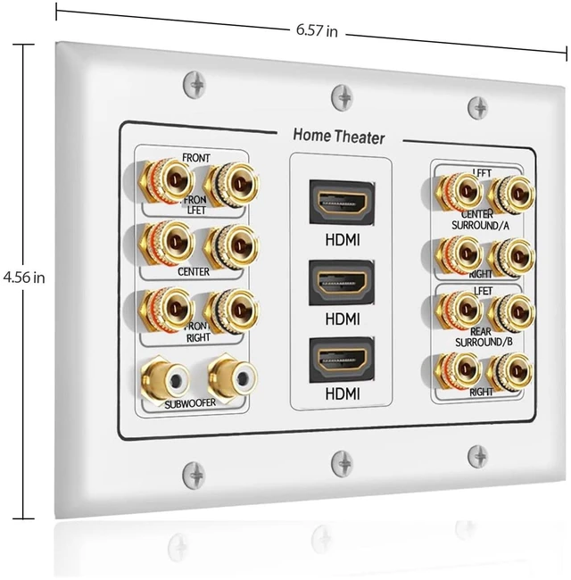 Alt view image 7 of 7 - 3 Gang 7.2 Surround Sound Distribution Home Theater Wall Plate Copper Banana Binding Post Coupler Type, For 7 Speakers, 2 RCA Jacks for Subwoofers, 3 HDMI Ports