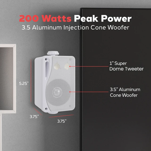 Alt view image 2 of 7 - 3-Way Weatherproof Outdoor Speaker Set - 3.5 Inch 200W Pair of Marine Grade Mount Speakers - in a Heavy Duty ABS Enclosure Grill - Home, Boat, Poolside, Patio, Indoor Outdoor Use - PLMR24 (White)