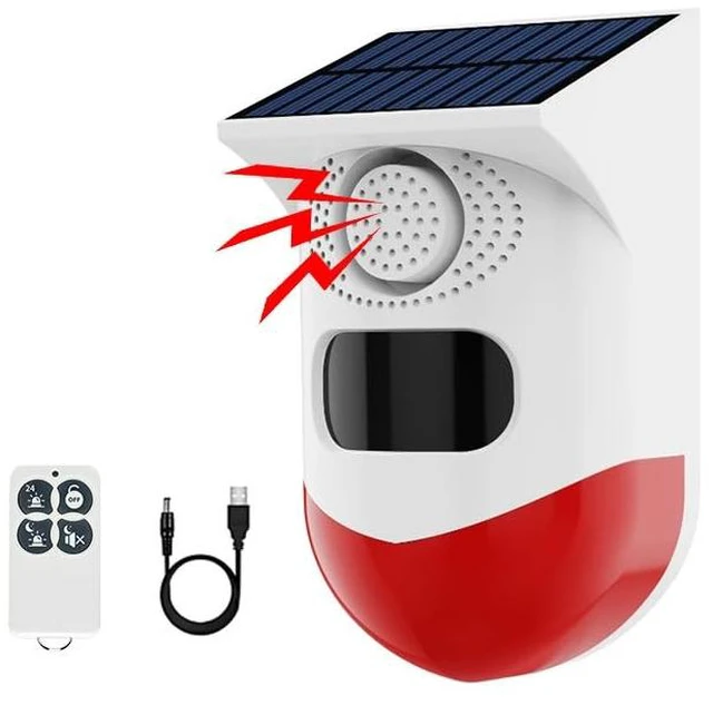 Main image of Solar-Powered Motion Sensor Outdoor Alarm Clock 120-decibel Safety Alarm Light IP65 Waterproof Rating Remotely Adjustable Four Operating Modes Ideal for Homes, Farms, Barns, Yards, and More