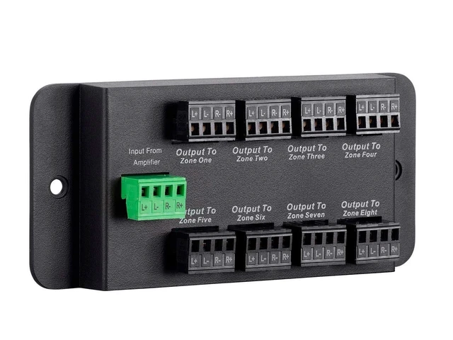 Alt view image 2 of 6 - 8 Zone Single Input Speaker Distribution Hub, Connect Up to 8 Pairs of Speakers to A Single Amplifier or Receiver, Black (138161)