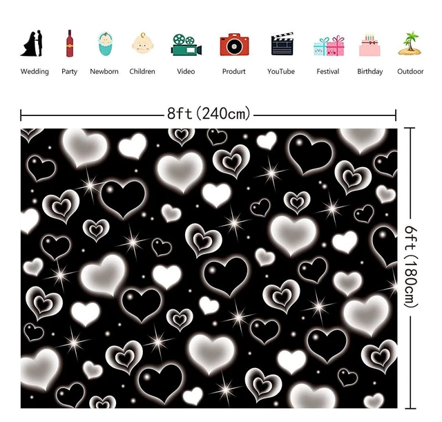 Alt view image 4 of 7 - Black Heart 2000s Backdrop Banner Sweet Y2K Photography Background Early 2000s Party Decorations Photo Banner Props Supplies (Black, 8x6FT(2.4m x 1.8m))