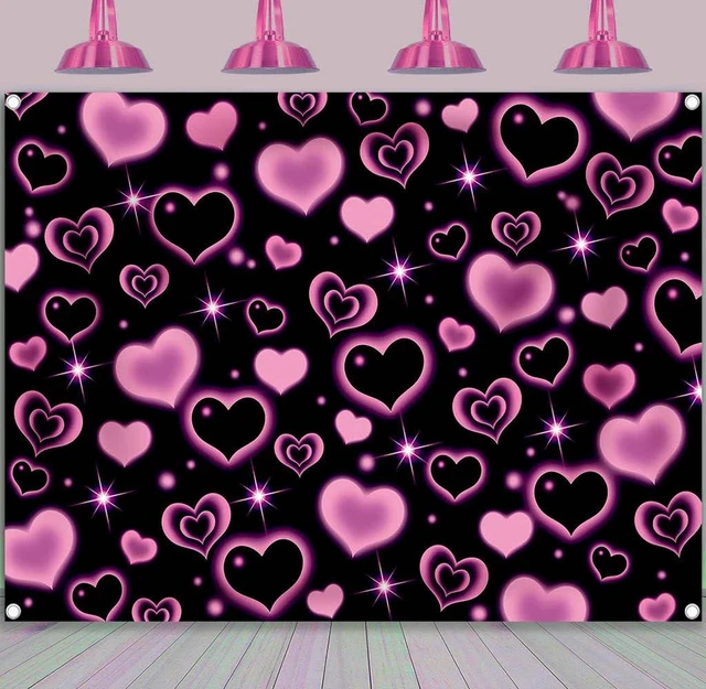 Main image of Pink Heart 2000s Backdrop Banner Pink and Black Sweet Y2K Photography Background Early 2000s Party Decorations Photo Banner Props Supplies 8x6ft