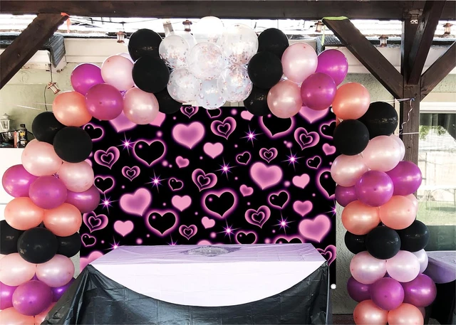 Alt view image 3 of 6 - Pink Heart 2000s Backdrop Banner Pink and Black Sweet Y2K Photography Background Early 2000s Party Decorations Photo Banner Props Supplies 8x6ft