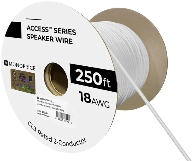 Alt view image 4 of 4 - Speaker Wire - CL3 in-Wall Rated, 2-Conductor, Color Coded, 18AWG, 250 Feet, White