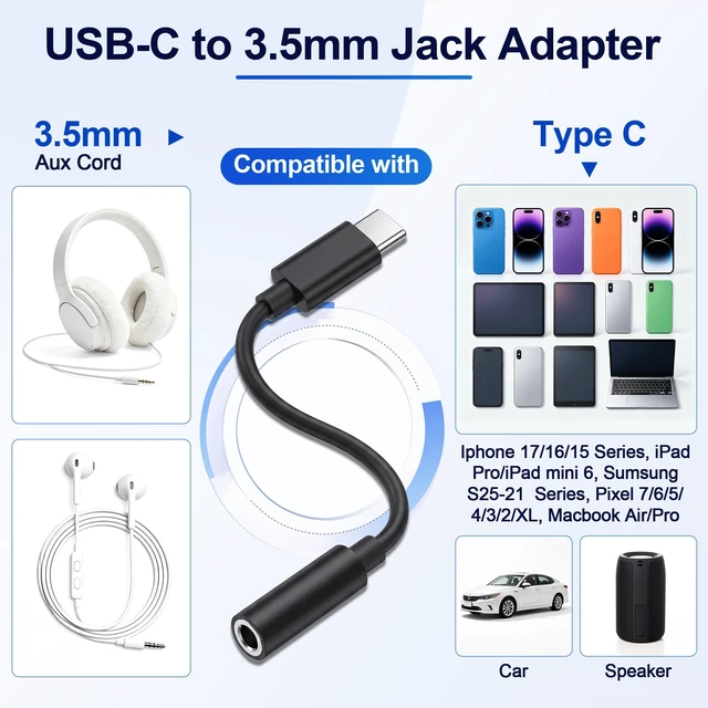 Alt view image 3 of 7 - Headphone Jack Adapter to USB C, 3.5mm Aux to USBC Audio Converter Type C Dongle Connector Compatible with Iphone 17/16/16 Pro/15/15 Pro/Pro Max/Plus, Apple Ipad Samsung Galaxy S25/S24/S23/S22