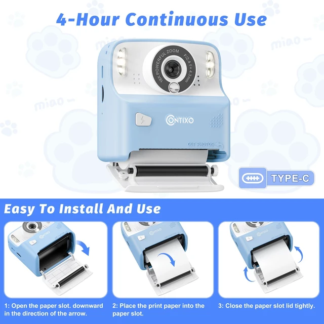 Alt view image 6 of 7 - KC2A Kids Instant Print Camera with 2.4 Screen, 12MP Photo, 1080P Video, 3 Print Rolls, MP3 Player, Type-C Charging Fun Digital Camera Gift for Girls & Boys Ages 412 Blue