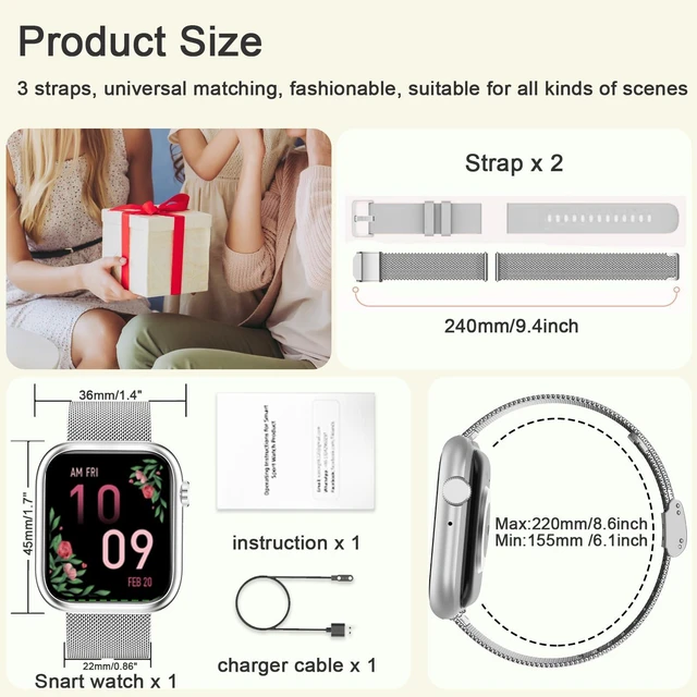 Alt view image 7 of 7 - Smart Watches for Men Women(Answer/Make Calls),7 Day Battery Fitness Tracker Watch SpO2/HR/Sleep/BP,120+ Sports Activity Trackers,IP68 Smart Watch for Android/iOS,120+Dials,2 Bands,Silver