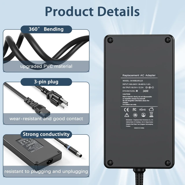 Alt view image 5 of 6 - 240W 180W Laptop Charger Compatible with Dell Alienware/Precision for Dell G16 G15 G7 Alienware M15 17 15 M17 X51 Precision M6800 M6500 M6600 M6700 AC Adapter Power Supply Cord