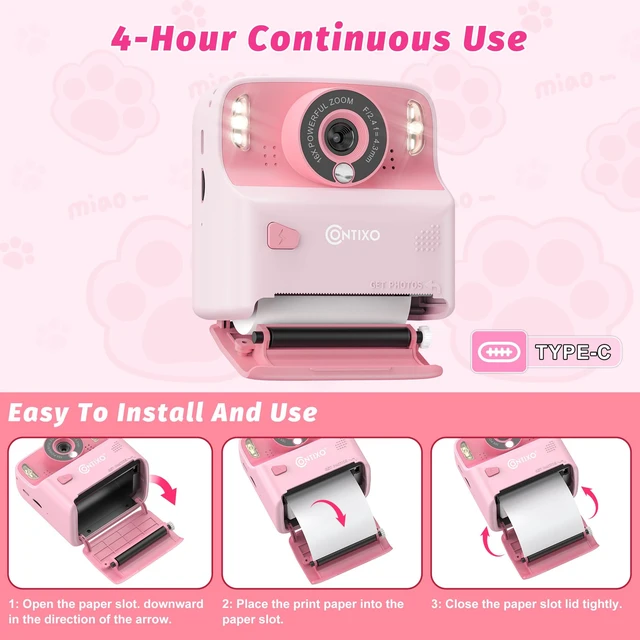 Alt view image 6 of 7 - KC2A Kids Instant Print Camera with 2.4 Screen, 12MP Photo, 1080P Video, 3 Print Rolls, MP3 Player, Type-C Charging Fun Digital Camera Gift for Girls & Boys Ages 412 Pink