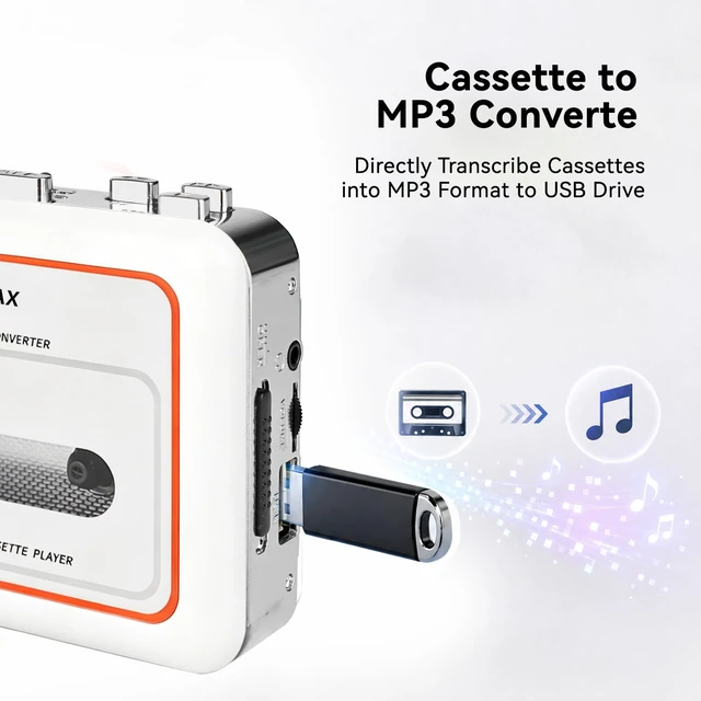 Alt view image 2 of 7 - Cassette Player Recorder, Portable Cassette Tape Player with Built-in Dual Speakers, Auto Reverse, Cassette to MP3 Converter,Rewind Stereo Cassette White