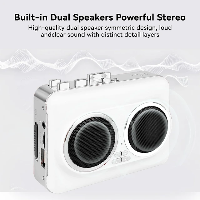 Alt view image 4 of 7 - Cassette Player Recorder, Portable Cassette Tape Player with Built-in Dual Speakers, Auto Reverse, Cassette to MP3 Converter,Rewind Stereo Cassette White
