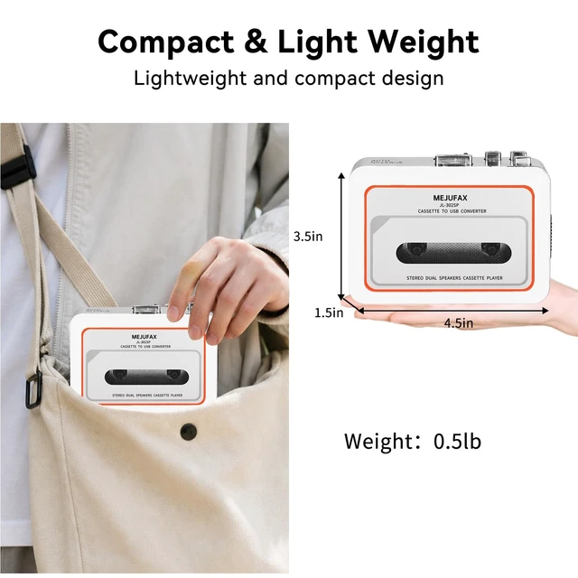Alt view image 6 of 7 - Cassette Player Recorder, Portable Cassette Tape Player with Built-in Dual Speakers, Auto Reverse, Cassette to MP3 Converter,Rewind Stereo Cassette White