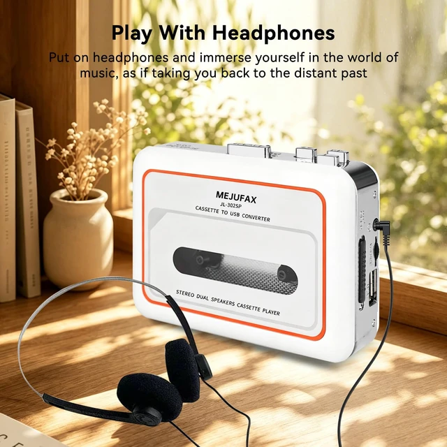 Alt view image 7 of 7 - Cassette Player Recorder, Portable Cassette Tape Player with Built-in Dual Speakers, Auto Reverse, Cassette to MP3 Converter,Rewind Stereo Cassette White