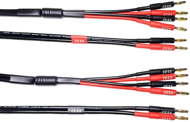 Alt view image 4 of 5 - Bi-Wire Banana Plug Splitter Speaker Cable, 2-Pack (3 feet) 12 Gauge 680 strand count silicone soft rubber cable, 2 to 4 Banana Plugs