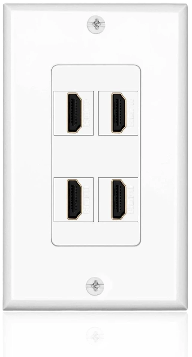 Main image of 4-Port HDMI Ethernet Coax and Phone Wall Plate, Cat6 RJ45, White Single-Gang Pass-Through Faceplate Uses Female Couplers for Simple Cable Connections and Measures 4.5 X 2.7 In
