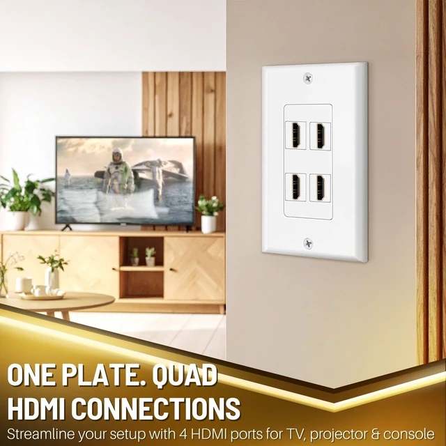 Alt view image 2 of 7 - 4-Port HDMI Ethernet Coax and Phone Wall Plate, Cat6 RJ45, White Single-Gang Pass-Through Faceplate Uses Female Couplers for Simple Cable Connections and Measures 4.5 X 2.7 In