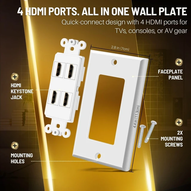 Alt view image 6 of 7 - 4-Port HDMI Ethernet Coax and Phone Wall Plate, Cat6 RJ45, White Single-Gang Pass-Through Faceplate Uses Female Couplers for Simple Cable Connections and Measures 4.5 X 2.7 In