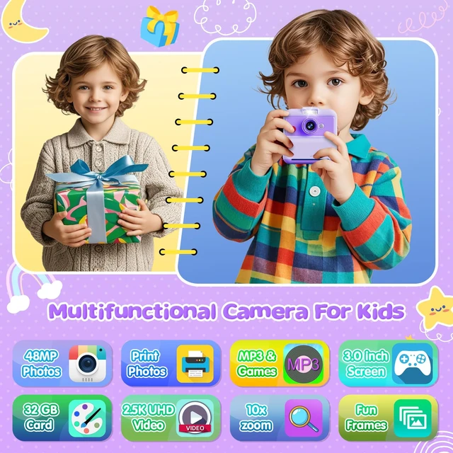 Alt view image 2 of 7 - Kids Camera Instant Print, 48MP/2.5K UHD Kids Instant Print Camera, Christmas Birthday Gifts for Girls and Boys, 3.0" Screen with Print Paper & 32G Card, Toddler Toy for Age 3-14 (Purple)
