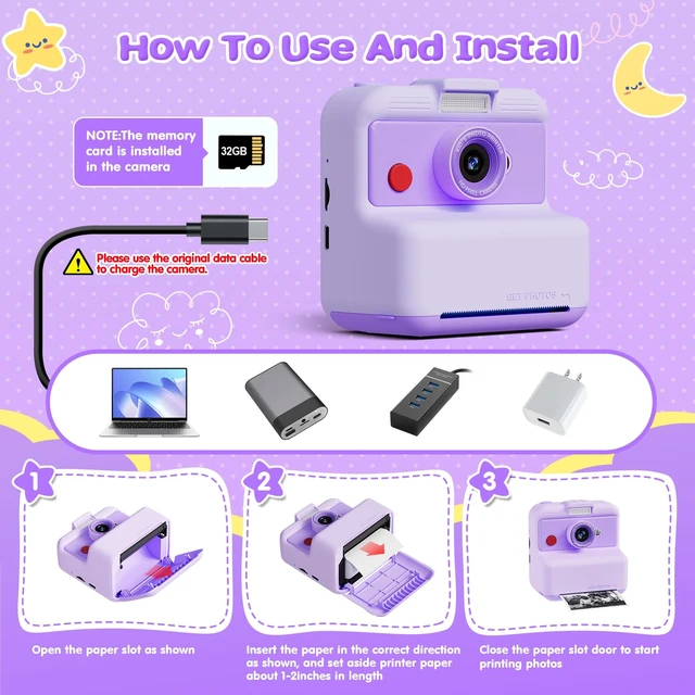 Alt view image 7 of 7 - Kids Camera Instant Print, 48MP/2.5K UHD Kids Instant Print Camera, Christmas Birthday Gifts for Girls and Boys, 3.0" Screen with Print Paper & 32G Card, Toddler Toy for Age 3-14 (Purple)