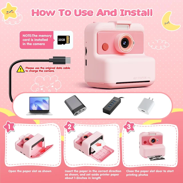 Alt view image 7 of 7 - Kids Camera Instant Print, 3.0'' Screen 48MP Kids Digital Camera Includes 32GB Card & 3 Rolls Print Paper, 7 Print Densities, Christmas Birthday Gifts for Children 3 4 5 6 7 8 9 10 Years Old