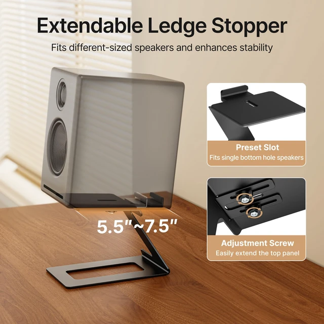 Alt view image 2 of 7 - Desktop Speaker Stands, Adjustable Depth 5.57.5, 1 Pair 17.6lbs Capacity Each, with Vibration Absorption Pads, Cantilevered Stand for Small & Medium Bookshelf Speakers, Black