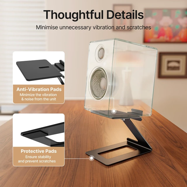 Alt view image 5 of 7 - Desktop Speaker Stands, Adjustable Depth 5.57.5, 1 Pair 17.6lbs Capacity Each, with Vibration Absorption Pads, Cantilevered Stand for Small & Medium Bookshelf Speakers, Black