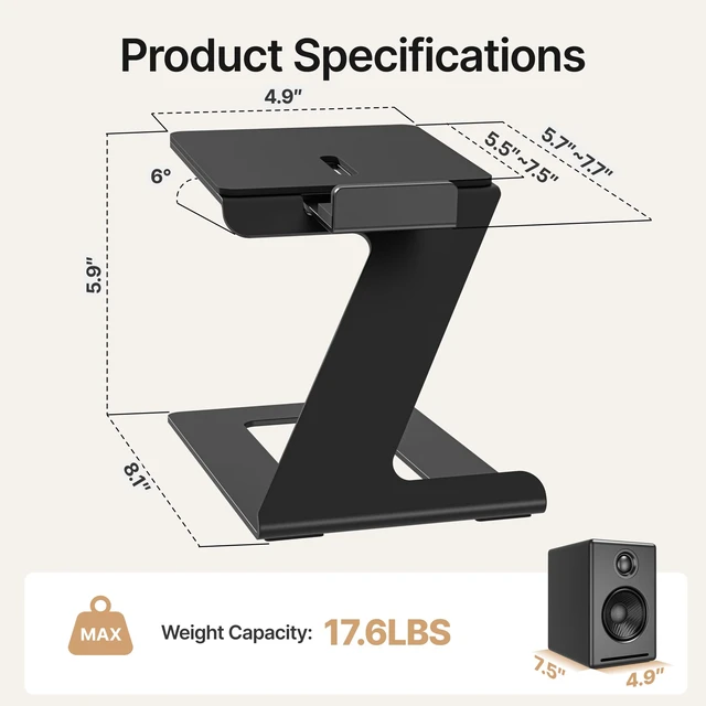 Alt view image 4 of 7 - Desktop Speaker Stands, Adjustable Depth 5.57.5, 1 Pair 17.6lbs Capacity Each, with Vibration Absorption Pads, Cantilevered Stand for Small & Medium Bookshelf Speakers, Black