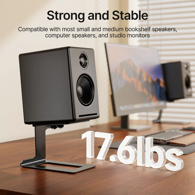 Alt view image 6 of 7 - Desktop Speaker Stands, Adjustable Depth 5.57.5, 1 Pair 17.6lbs Capacity Each, with Vibration Absorption Pads, Cantilevered Stand for Small & Medium Bookshelf Speakers, Black