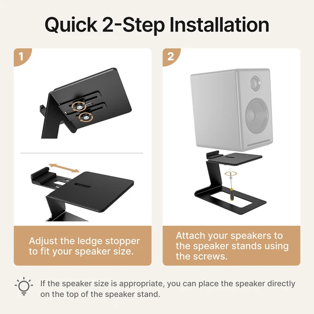 Alt view image 7 of 7 - Desktop Speaker Stands, Adjustable Depth 5.57.5, 1 Pair 17.6lbs Capacity Each, with Vibration Absorption Pads, Cantilevered Stand for Small & Medium Bookshelf Speakers, Black