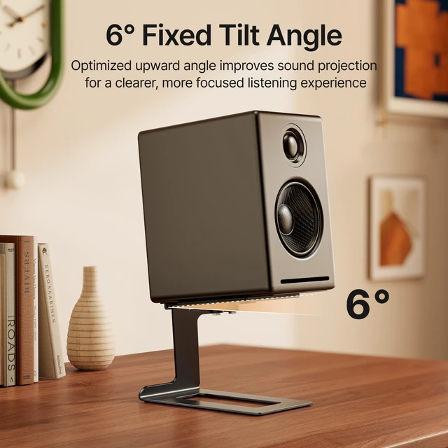 Alt view image 3 of 7 - Desktop Speaker Stands, Adjustable Depth 5.57.5, 1 Pair 17.6lbs Capacity Each, with Vibration Absorption Pads, Cantilevered Stand for Small & Medium Bookshelf Speakers, Black