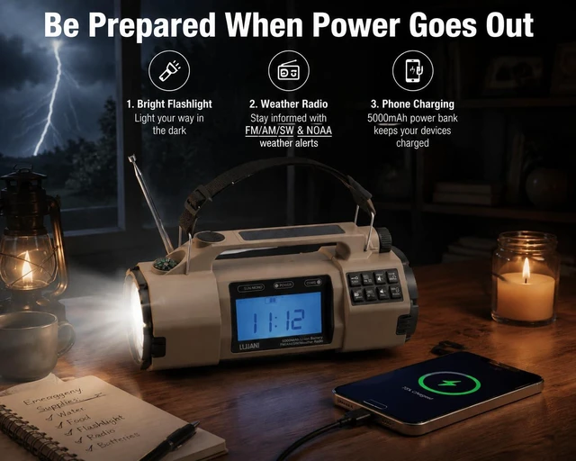 Alt view image 3 of 6 - NOAA Weather Radio Emergency Radio with Hand Crank & Solar Charging AM FM SW Weather Alert 5000mAh Battery, Phone Charger, Flashlight & SOS Alarm for Hurricane, Storm, Camping and Emergency Kit