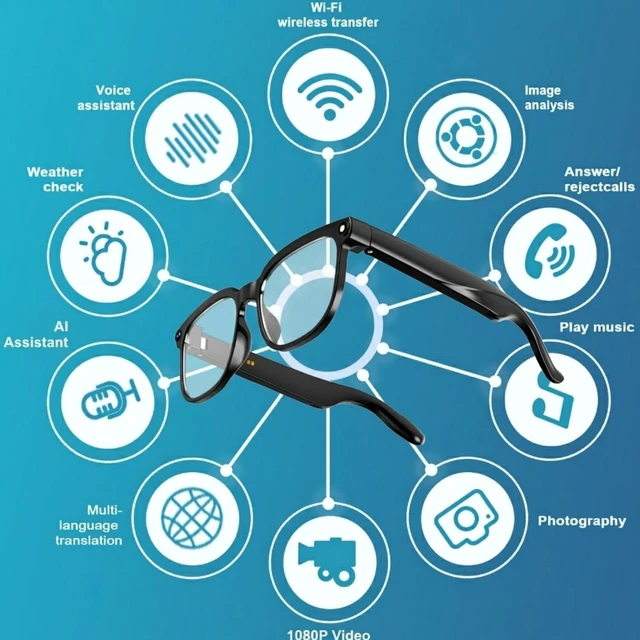 Alt view image 2 of 7 - AI Smart Glasses with Camera, 8MP Camera, AI Translation & 4 Lenses 1080P Video, AI Object Recognition, AI Voice Assistant, Open-Ear Bluetooth Sunglasses, 4GB Storage, IP65 Water Resistant