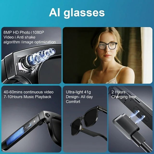 Alt view image 3 of 7 - AI Smart Glasses with Camera, 8MP Camera, AI Translation & 4 Lenses 1080P Video, AI Object Recognition, AI Voice Assistant, Open-Ear Bluetooth Sunglasses, 4GB Storage, IP65 Water Resistant