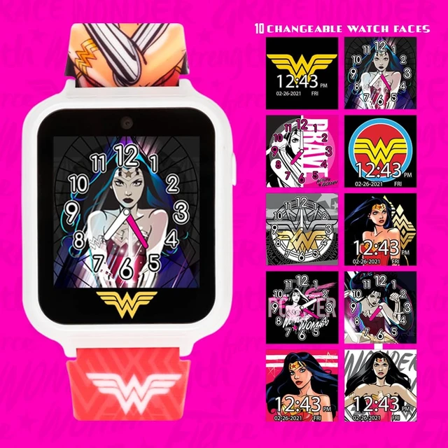 Alt view image 3 of 7 - Wonder Woman Kids Smart Watch Interactive Touchscreen with Games, Selfie Camera, Voice Recorder, Step Counter, Alarm, Stopwatch, and Custom Watch Faces Pink Silicone Strap Fits Wrists 5.5 to 8