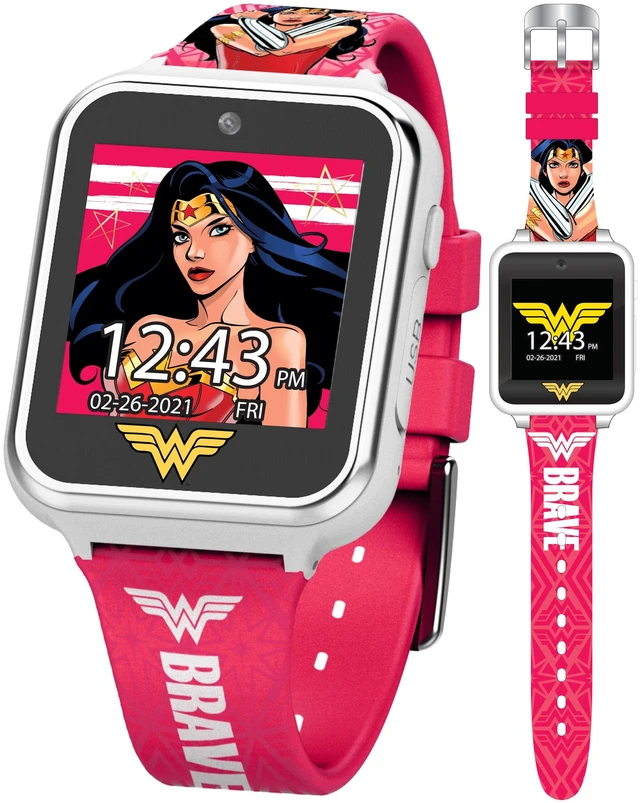 Main image of Wonder Woman Kids Smart Watch Interactive Touchscreen with Games, Selfie Camera, Voice Recorder, Step Counter, Alarm, Stopwatch, and Custom Watch Faces Pink Silicone Strap Fits Wrists 5.5 to 8
