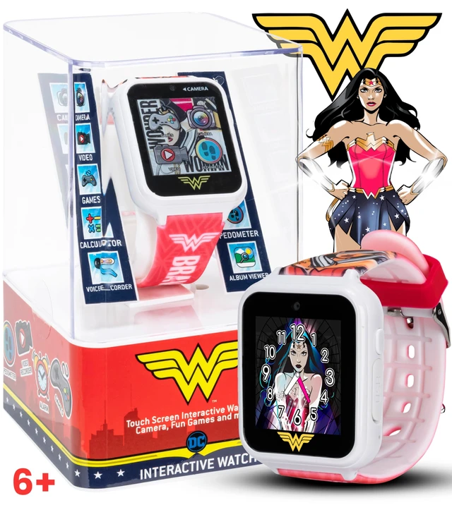 Alt view image 2 of 7 - Wonder Woman Kids Smart Watch Interactive Touchscreen with Games, Selfie Camera, Voice Recorder, Step Counter, Alarm, Stopwatch, and Custom Watch Faces Pink Silicone Strap Fits Wrists 5.5 to 8