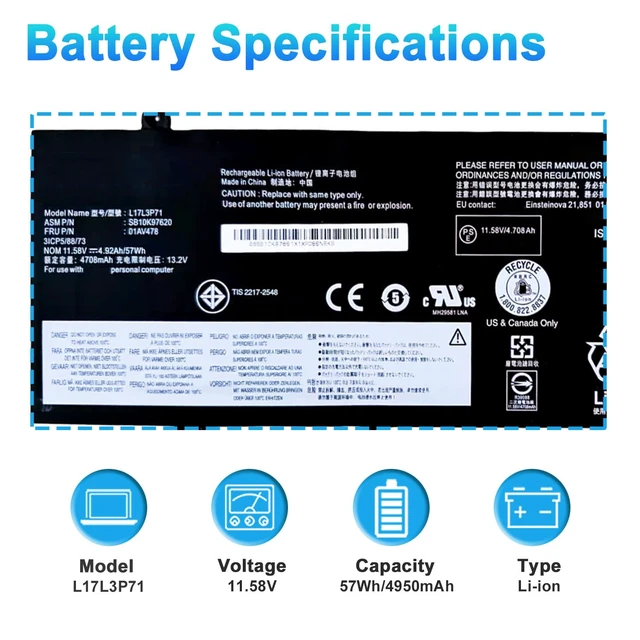 Alt view image 2 of 7 - L17L3P71 L17M3P72 Laptop Battery for Lenovo ThinkPad T480S Series for HP Ultrabook 20L7 20L8 Series 01AV478 01AV479 01AV480 L17M3P71 SB10K97620 SB10K97621 11.58V 57Wh 4920mAh