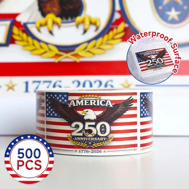 Alt view image 2 of 5 - 500 PCS 2.75"x1.57" Patriotic 250th Independence Anniversary Stickers Roll American Flag Waterproof Decals Strong Adhesive Labels for Water Bottles Laptops 4th of July Party Decorations