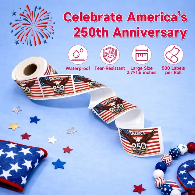 Alt view image 4 of 5 - 500 PCS 2.75"x1.57" Patriotic 250th Independence Anniversary Stickers Roll American Flag Waterproof Decals Strong Adhesive Labels for Water Bottles Laptops 4th of July Party Decorations