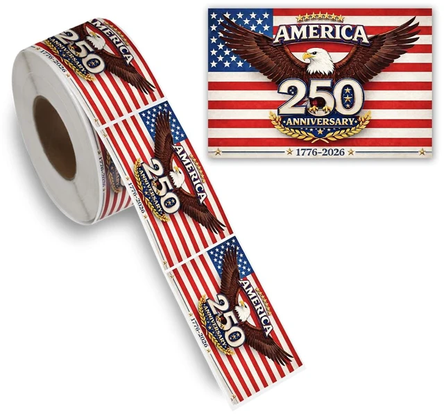 Main image of 500 PCS 2.75"x1.57" Patriotic 250th Independence Anniversary Stickers Roll American Flag Waterproof Decals Strong Adhesive Labels for Water Bottles Laptops 4th of July Party Decorations
