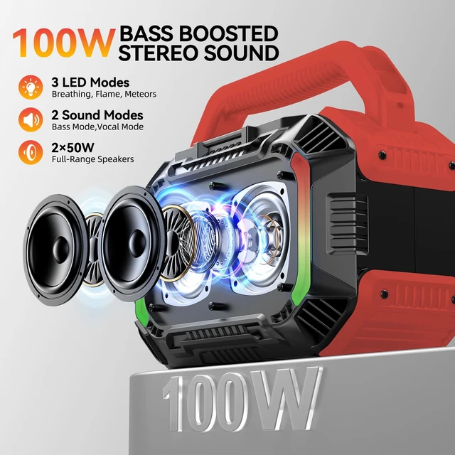 Alt view image 2 of 7 - Speakers Bluetooth Wireless, 100W Loud Outdoor Speaker with Bass, IPX7 Waterproof Floatable, 20H Playtime, RGB Light, Portable Speaker with TWS for Work, Outdoor, Garage, Camping (L-Crimson)