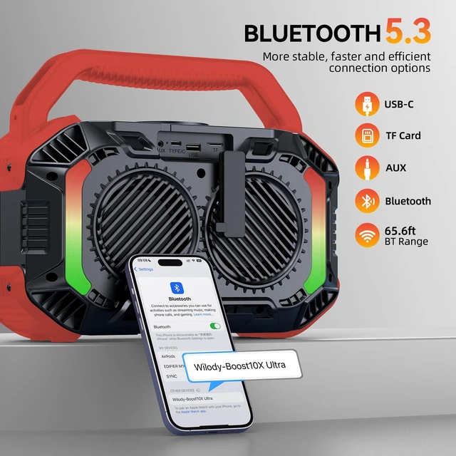 Alt view image 3 of 7 - Speakers Bluetooth Wireless, 100W Loud Outdoor Speaker with Bass, IPX7 Waterproof Floatable, 20H Playtime, RGB Light, Portable Speaker with TWS for Work, Outdoor, Garage, Camping (L-Crimson)
