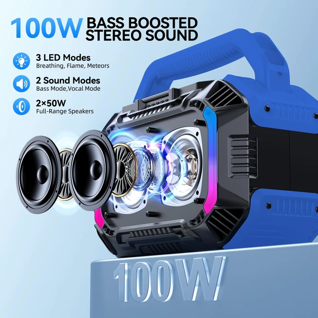 Alt view image 2 of 7 - Speakers Bluetooth Wireless, 100W Loud Outdoor Speaker with Bass, IPX7 Waterproof Floatable, 20H Playtime, Wireless Charge, TWS, RGB Light, Portable Speaker for Work, Garage, Outdoor (L-Blue)