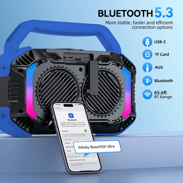 Alt view image 3 of 7 - Speakers Bluetooth Wireless, 100W Loud Outdoor Speaker with Bass, IPX7 Waterproof Floatable, 20H Playtime, Wireless Charge, TWS, RGB Light, Portable Speaker for Work, Garage, Outdoor (L-Blue)