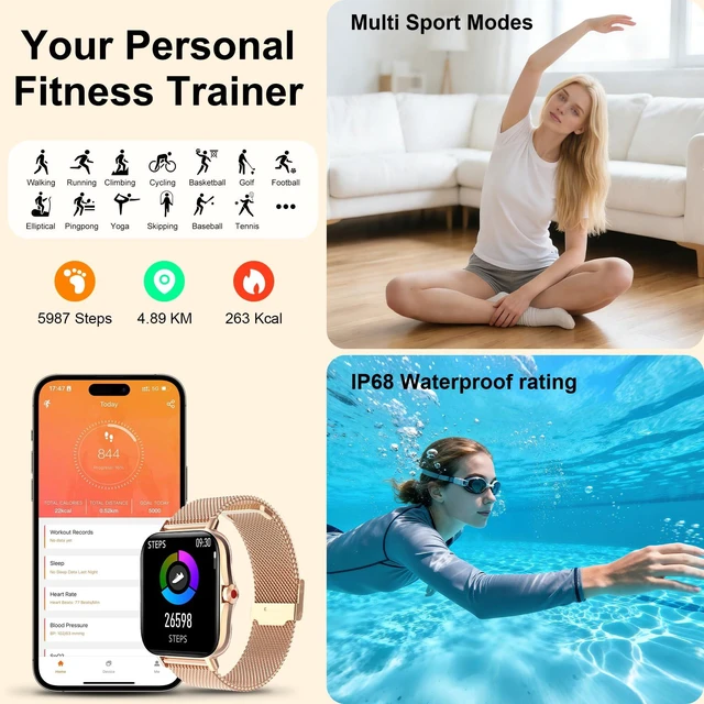 Alt view image 5 of 7 - Smart Watch for Women Android & iPhone, IP68 Waterproof Activity Fitness Tracker for Women with Bluetooth Call (Answer/Make), 1.69" HD Smartwatch with Heart Rate/Sleep Monitor, 3 Bands