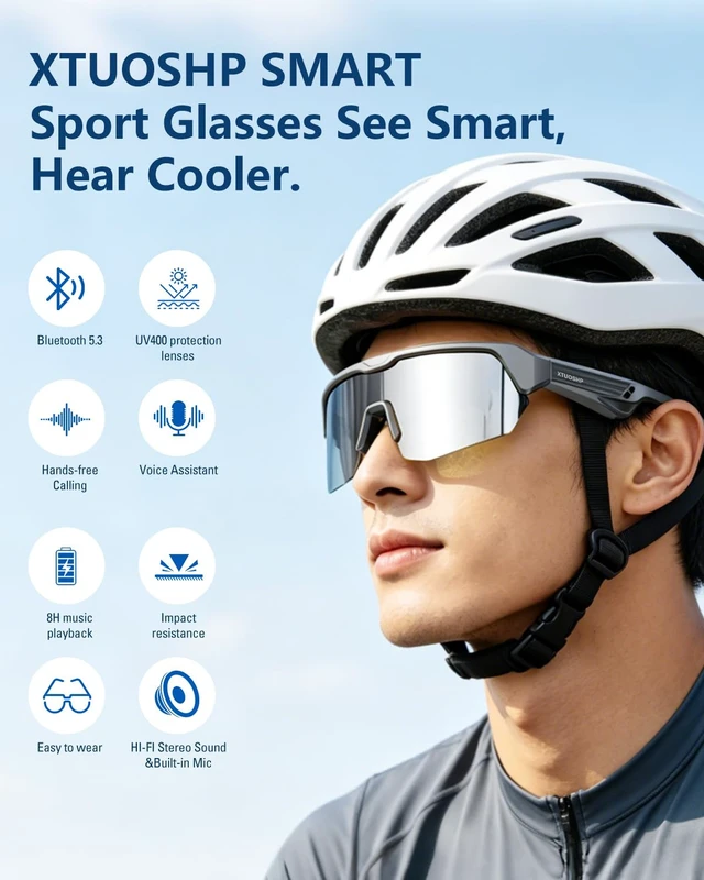 Alt view image 2 of 7 - Bluetooth Cycling Sunglasses for Adults, Smart Sports Glasses Sports sunglasses with Stereo Sound Speakers, UV400 Protection, Voice Assistant and Ergonomic Design, for Outdoor Activities