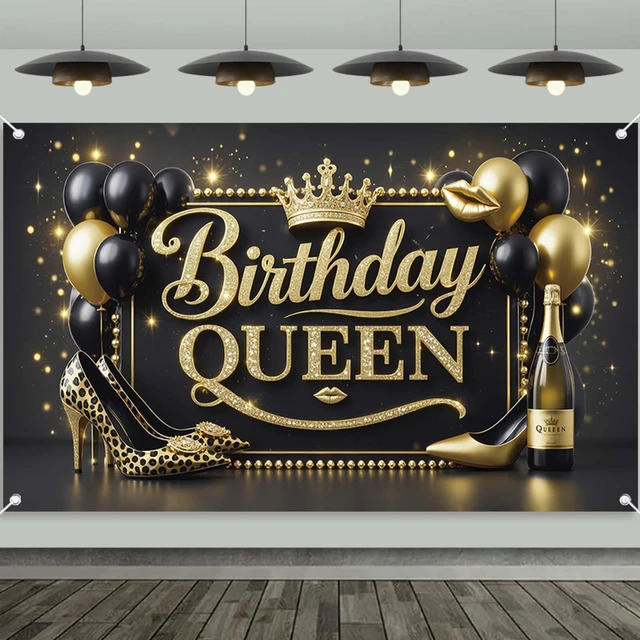 Main image of Black Gold Happy Birthday Banner Backdrop for Women 71×43.3inch Black Gold Theme Banner; Polyester Fabric; Reusable; Ideal Photo Decor for Girls & Women Birthday Parties
