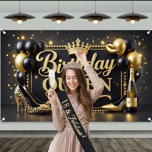 Alt view image 4 of 7 - Black Gold Happy Birthday Banner Backdrop for Women 71×43.3inch Black Gold Theme Banner; Polyester Fabric; Reusable; Ideal Photo Decor for Girls & Women Birthday Parties