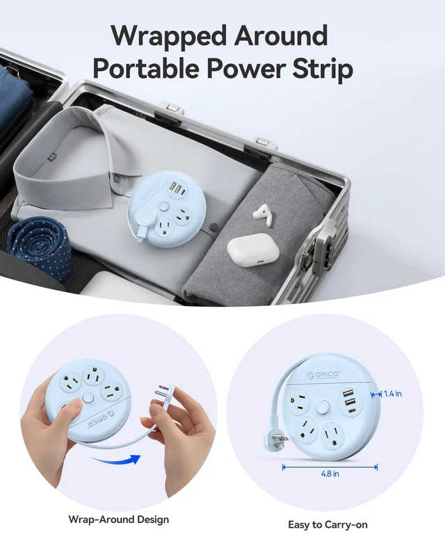 Alt view image 2 of 7 - Travel Power Strip, 4Ft Wrap-Around Extension Cord Multiple Outlets (3 Outlets, 2 USB-A Ports and 1 USB C Port, Flat Plug Charger Station for Cruise/Home/Office/Dorm